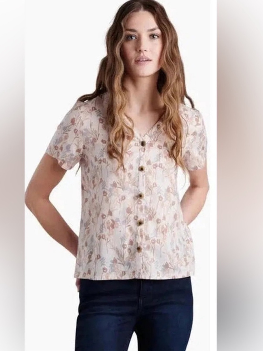 Kuhl | Hadley V-Neck Button Up Short Sleeve Shirt Floral Print Tencel M